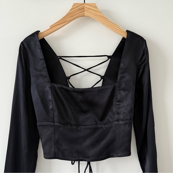 Zara Satin Lace-Up Back Long Sleeve Crop Top Black L | Party Y2K Goth - Picture 4 of 14